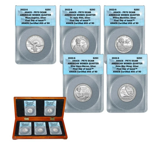 Deals โญ Coin Collector 2022-S PR70 ANACS FDOI LE 90 American ๐ฉ Women 5-Quarter Silver Proof Set ๐