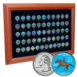 Coupon 😉 Coin Collector 1999-2009 Colorized State/Territory Quarters Set Of 56 In Wooden Frame 😉