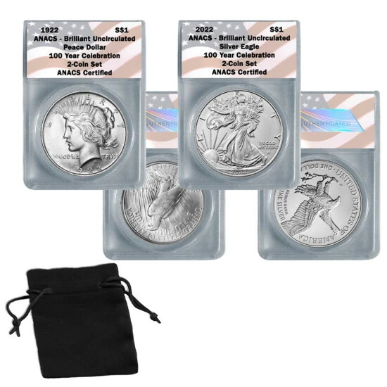 Hot Sale ๐ฅฐ Coin Collector 1922 ANACS Peace & 2022 ANACS Silver Eagle BU 100-Year Celebration Set ๐