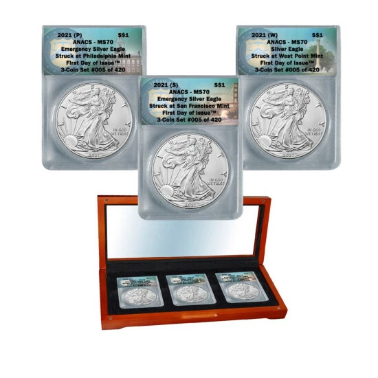Outlet 👍 Coin Collector 2021 P/S/W-Mint MS70 FDOI LE 420 Emergency Silver Eagle Dollar Trio 💯