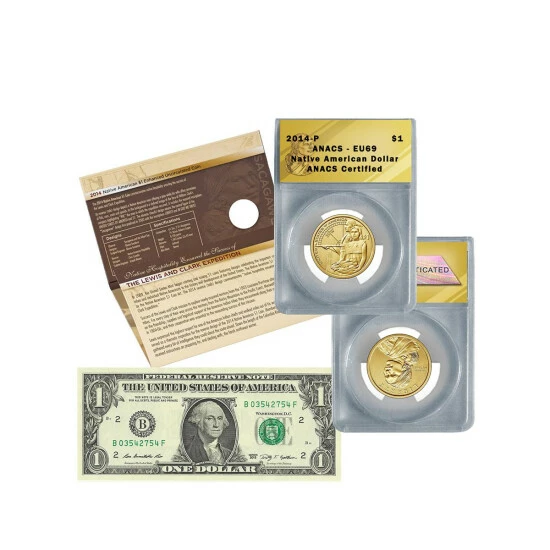 Brand new ๐ Coin Collector 2014 EU69 Native American Dollar And $1 Bill Set ๐ฏ